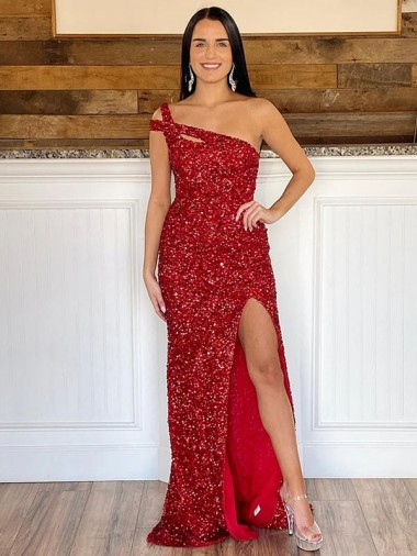 Velvet Sequin One Shoulder Sweep Train Sheath Burgundy Prom Dress Canada Factory