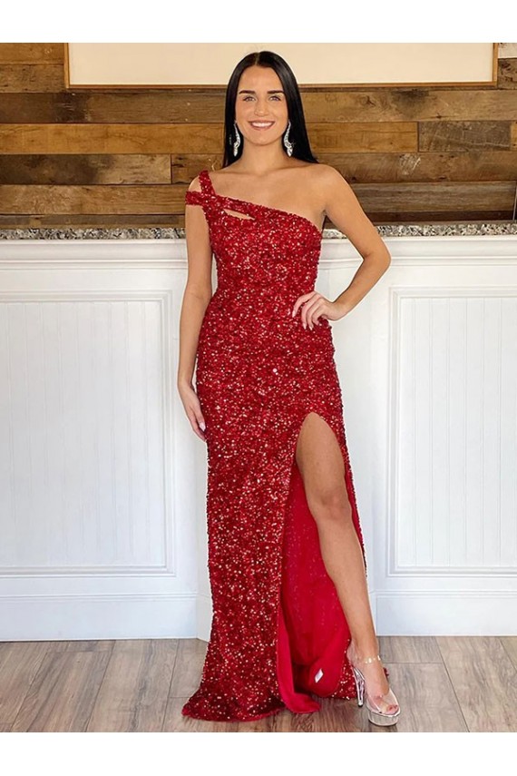 Velvet Sequin One Shoulder Sweep Train Sheath Burgundy Prom Dress Canada Factory