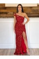 Velvet Sequin One Shoulder Sweep Train Sheath Burgundy Prom Dress Canada Factory