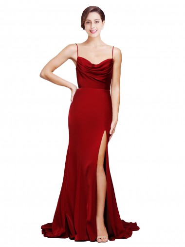 Stretch Satin Cowl Neck Open Back Sheath Burgundy Black Tie Prom Dress Canada Factory
