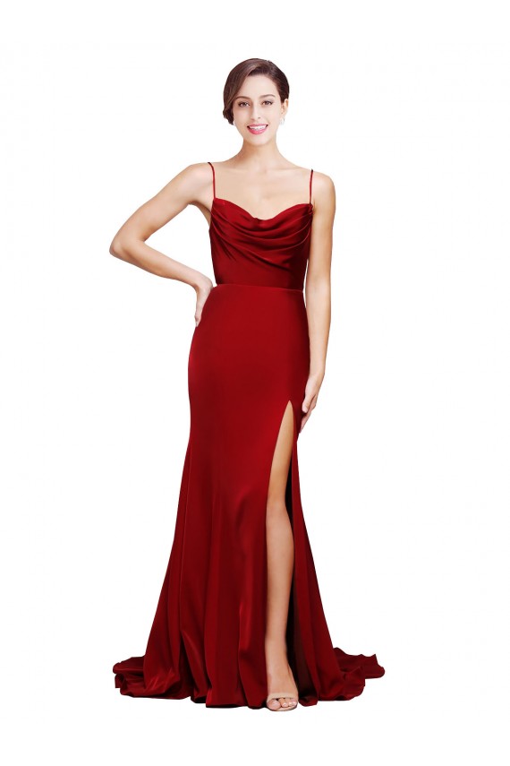Stretch Satin Cowl Neck Open Back Sheath Burgundy Black Tie Prom Dress Canada Factory