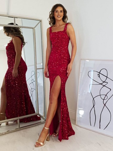 Velvet Sequin Square Neck Sheath Burgundy Prom Dress Canada Factory