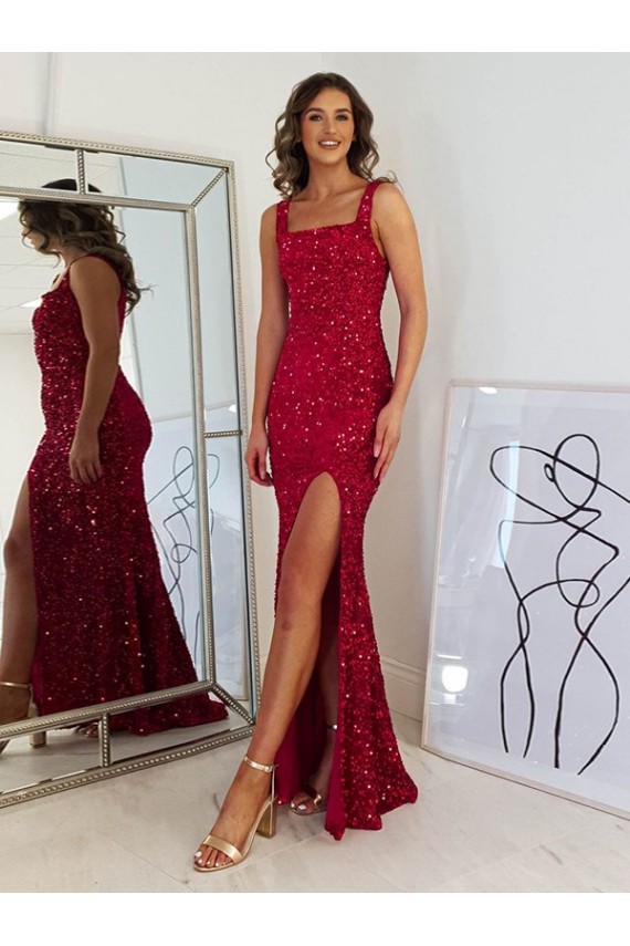 Velvet Sequin Square Neck Sheath Burgundy Prom Dress Canada Factory