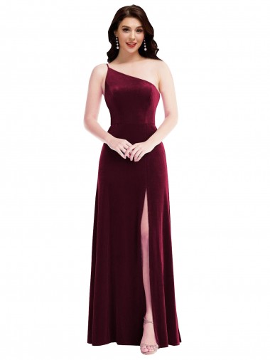 Stretch Velvet One Shoulder Trumpet Burgundy Black Tie Prom Dress Canada Factory