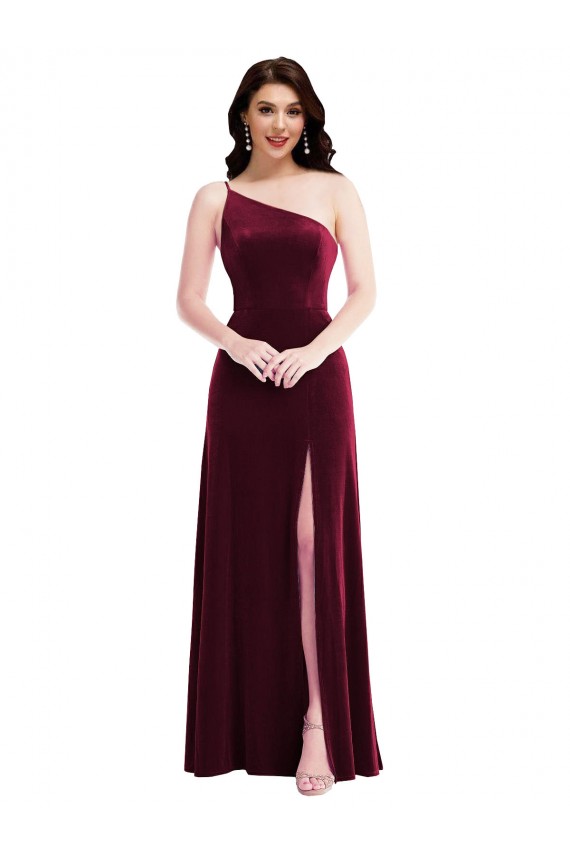 Stretch Velvet One Shoulder Trumpet Burgundy Black Tie Prom Dress Canada Factory