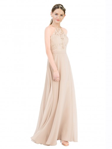 Soft Chiffon & Lace High Neck Keyhole Back A-Line Champagne Prom Dress Canada Factory
