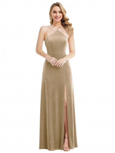 Stretch Velvet High Neck Open Back A-Line Champagne Prom Dress Canada Factory
