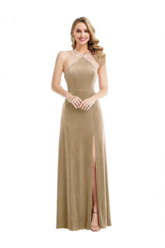 Stretch Velvet High Neck Open Back A-Line Champagne Prom Dress Canada Factory