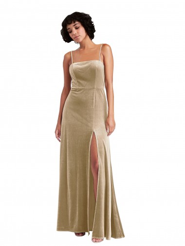 Stretch Velvet Square Neck Low Back A-Line Champagne Prom Dress Canada Factory