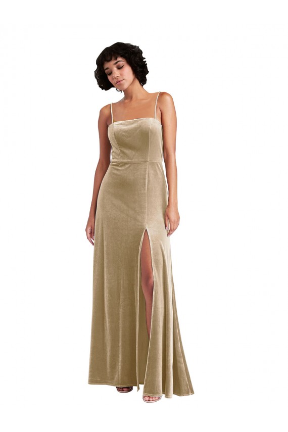 Stretch Velvet Square Neck Low Back A-Line Champagne Prom Dress Canada Factory