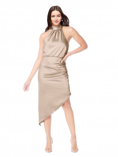 Silky Satin Halter Neck A-Line Champagne Pink High Low Prom Dress Canada Factory