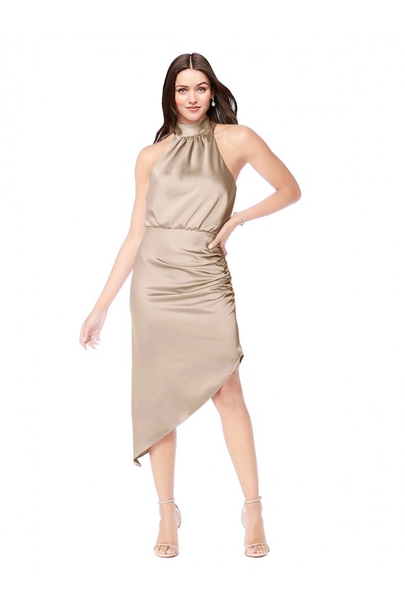 Silky Satin Halter Neck A-Line Champagne Pink High Low Prom Dress Canada Factory