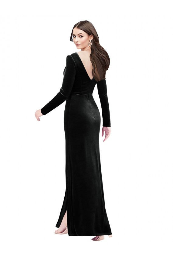 Stretch Velvet V-Neck V-Back Column Black Prom Dress Canada Factory