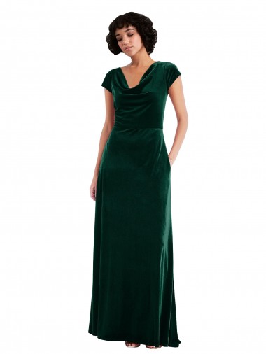 Stretch Velvet Cowl Neck A-Line Dark Green Black Tie Prom Dress Canada Factory