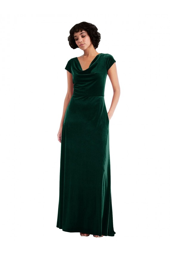 Stretch Velvet Cowl Neck A-Line Dark Green Black Tie Prom Dress Canada Factory