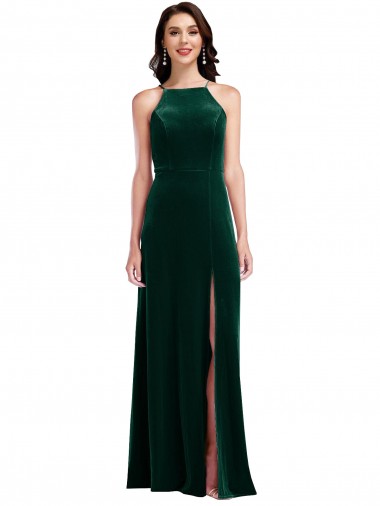 Stretch Velvet High Neck A-Line Dark Green Prom Dress Canada Factory