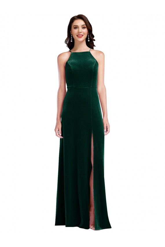 Stretch Velvet High Neck A-Line Dark Green Prom Dress Canada Factory