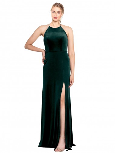 Stretch Velvet Jewel Neck Keyhole Back A-Line Dark Green Prom Dress Canada Factory