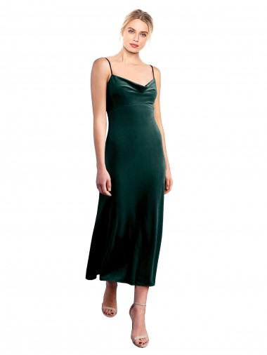 Stretch Velvet Cowl Neck Low Back A-Line Dark Green Prom Dress Canada Factory