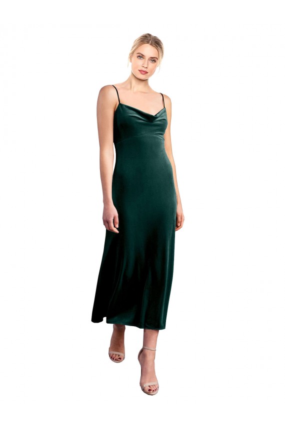 Stretch Velvet Cowl Neck Low Back A-Line Dark Green Prom Dress Canada Factory