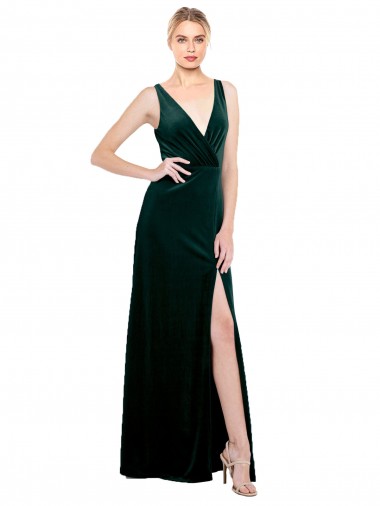 Stretch Velvet V-Neck V-Back A-Line Dark Green Black Tie Prom Dress Canada Factory
