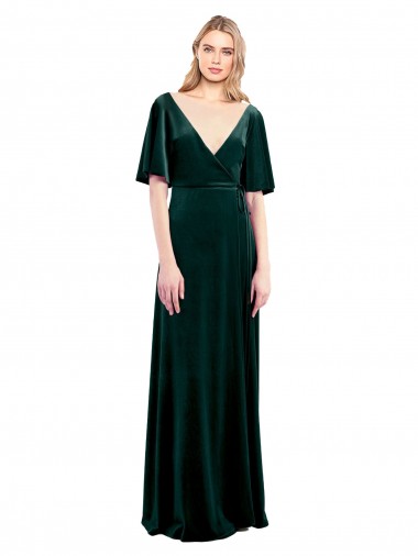 Stretch Velvet V-Neck V-Back A-Line Dark Green Long Prom Dress Canada Factory