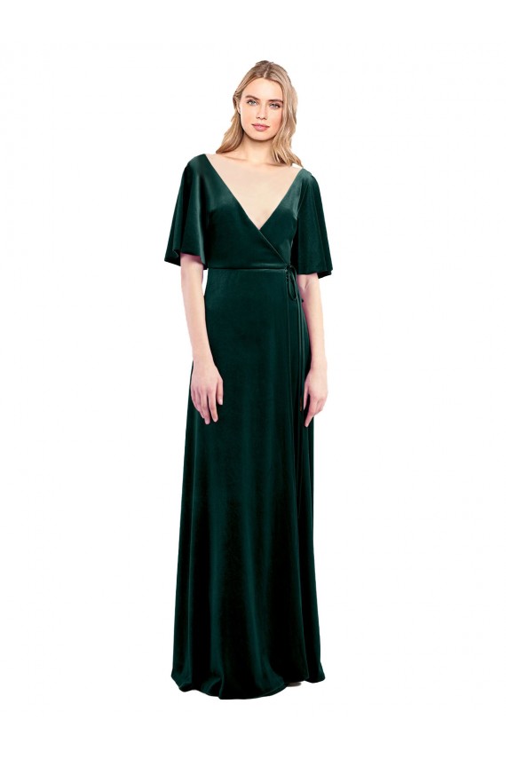 Stretch Velvet V-Neck V-Back A-Line Dark Green Long Prom Dress Canada Factory