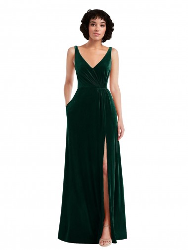 Stretch Velvet V-Neck V-Back A-Line Dark Green Prom Dress Canada Factory