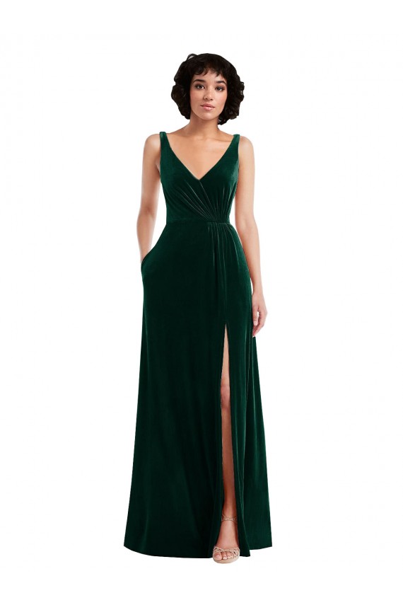 Stretch Velvet V-Neck V-Back A-Line Dark Green Prom Dress Canada Factory