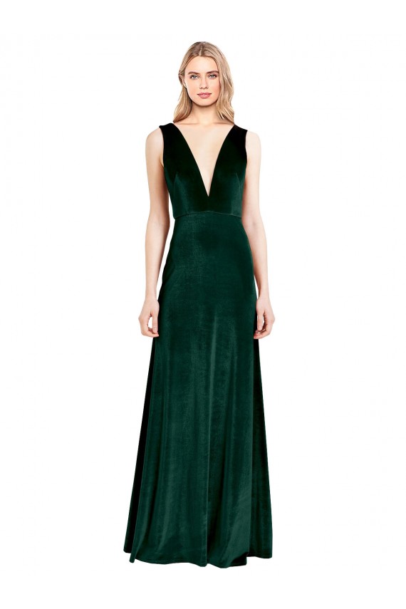 Stretch Velvet V-Neck Sleeveless A-Line Dark Green Long Prom Dress Canada Factory