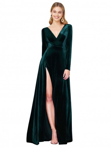Stretch Velvet V-Neck A-Line Dark Green Black Tie Prom Dress Canada Factory