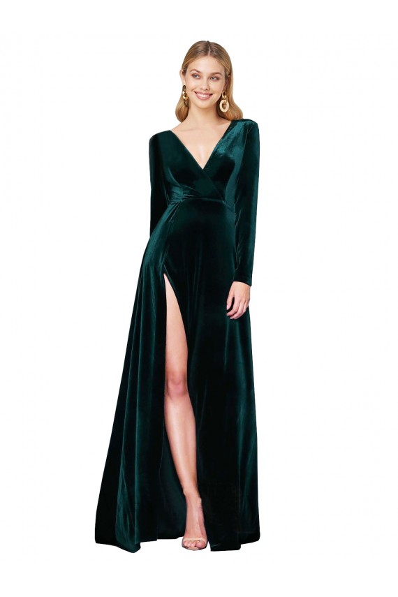 Stretch Velvet V-Neck A-Line Dark Green Black Tie Prom Dress Canada Factory