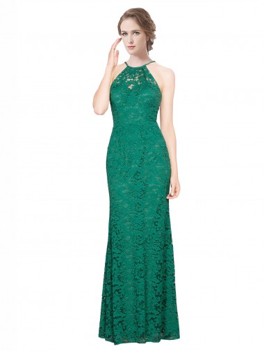 Lace High Neck Low Back Mermaid Dark Green Prom Dress Canada Factory