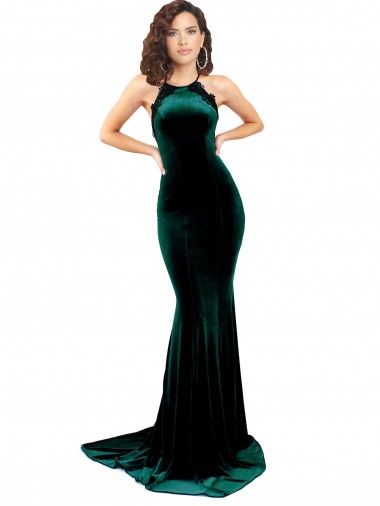 Stretch Velvet High Neck Open Back Mermaid Dark Green Prom Dress Canada Factory