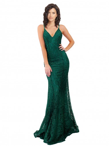Lace V-Neck Open Back Mermaid Dark Green Black Tie Prom Dress Canada Factory