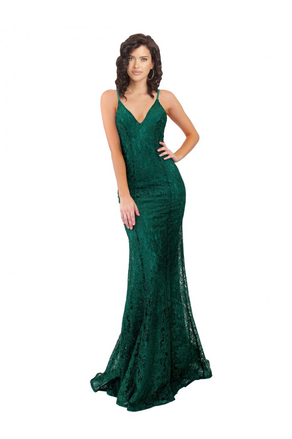 Lace V-Neck Open Back Mermaid Dark Green Black Tie Prom Dress Canada Factory