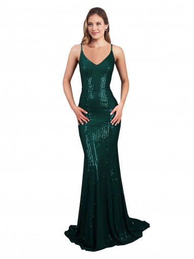 Sequin V-Neck Low Back Mermaid Dark Green Prom Dress Canada Factory