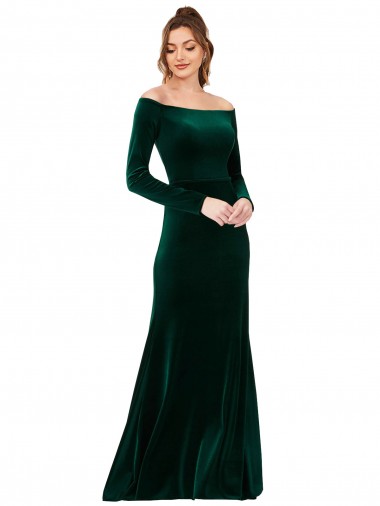 Stretch Velvet Off the Shoulder Sheath Dark Green Prom Dress Canada Factory