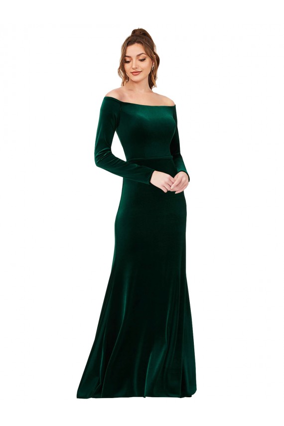 Stretch Velvet Off the Shoulder Sheath Dark Green Prom Dress Canada Factory