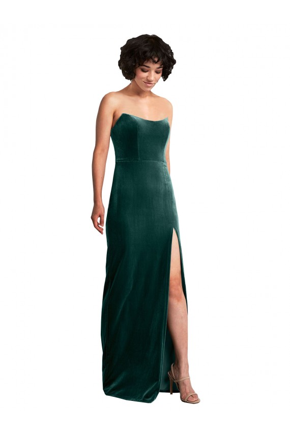 Stretch Velvet Strapless Low Back Sheath Dark Green Black Tie Prom Dress Canada Factory