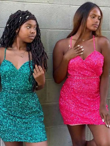 Velvet Sequin V-Neck Sheath Dark Green Prom Dress Canada Factory
