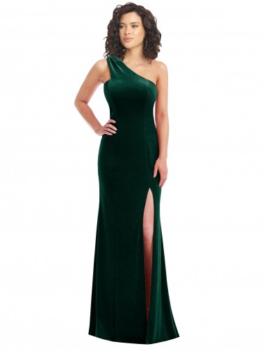 Stretch Velvet One Shoulder Trumpet Dark Green Black Tie Prom Dress Canada Factory