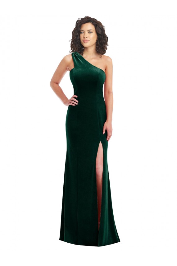 Stretch Velvet One Shoulder Trumpet Dark Green Black Tie Prom Dress Canada Factory