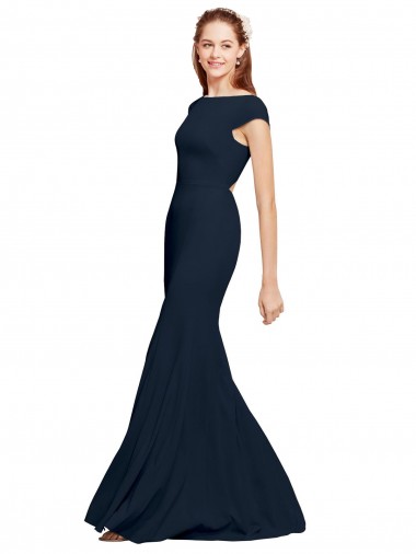 Stretch Crepe Boat Neck Open Back A-Line Dark Navy Prom Dress Canada Factory