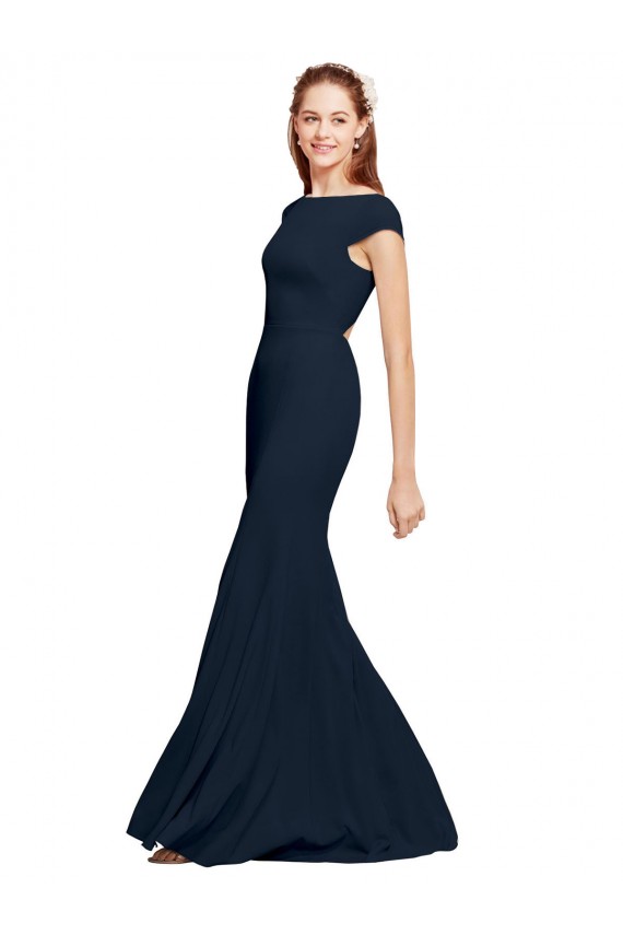 Stretch Crepe Boat Neck Open Back A-Line Dark Navy Prom Dress Canada Factory