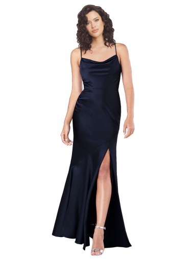 Silky Satin Cowl Neck A-Line Dark Navy Black Tie Prom Dress Canada Factory