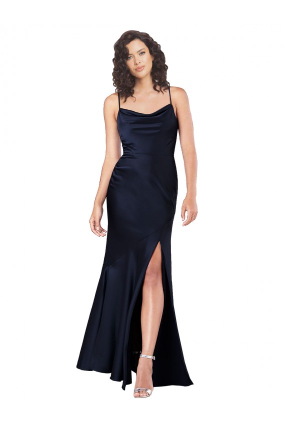 Silky Satin Cowl Neck A-Line Dark Navy Black Tie Prom Dress Canada Factory