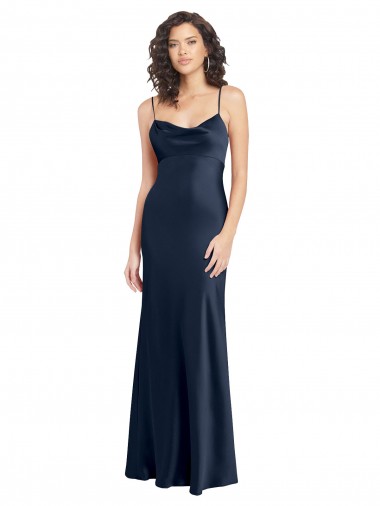 Stretch Satin Cowl Neck Open Back A-Line Dark Navy Black Tie Prom Dress Canada Factory