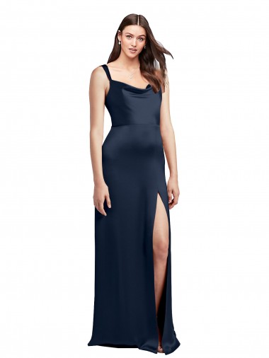 Stretch Satin Cowl Neck Low Back A-Line Dark Navy Prom Dress Canada Factory