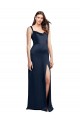 Stretch Satin Cowl Neck Low Back A-Line Dark Navy Prom Dress Canada Factory